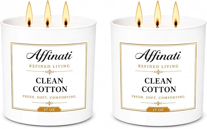 Affinati Clean Cotton 3-Wick Scented Candle 2-Pack – Premium Soy Blend Candles, Strong Scent Throw, Long Burn Time, Home Fragrance Gift Set