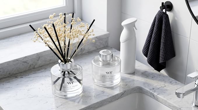 WEALD TRIBE Flower Reed Diffuser Set White Jasmine Scent for Bathroom Accessories Shelf Decor & Air Fresheners, Fresh Air Sticks Defusers with 5.1 fl oz Essential Oils, House Office Decor & Gifts