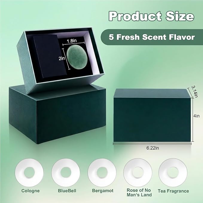 Car Vent Freshener Natural Green Aventurine Air Freshener Gift Box Scented Diffuser with 5 Unique Fragrances (Cologne, BlueBell, Bergamot, Rose, Tea Fragrance) -Long-Lasting Aromatherapy for Car