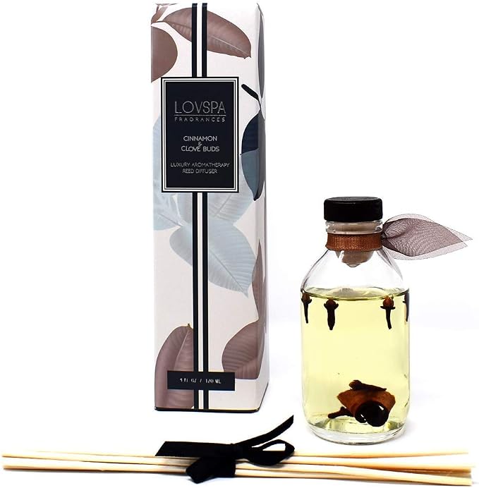Cinnamon & Clove Buds Reed Diffuser Set, Room Fragrance, Shelf Decor | Cinnamon, clove buds, and tonka bean profile, home scent, decorative glass bottle, entryway, guest bathroom,