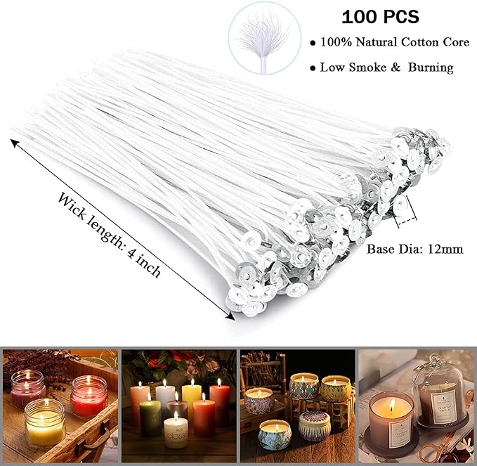 Antunihood Bulk Candle Wicks 100 Pcs with 60Pcs Candle Wick Stickers and 10 Pcs Wooden Candle Wick Centering Device for Soy Beeswax Candle Making (4inch)