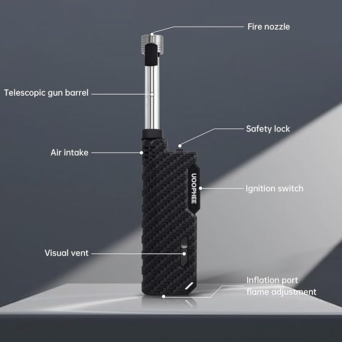 Torch Lighter with Flame Lock, Windproof Butane Lighter Refillable Single Jet Flame, 7.63" Extended Long for Candle, Camping, Grill, BBQ, Fireworks (Butane not Included) Black