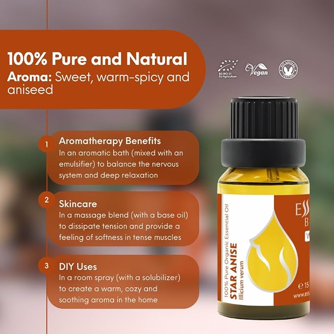 Essences Bulgaria Organic Star Anise Essential Oil 0.51 Fl Oz | 15ml | Illicium verum | 100% Pure | Natural | Undiluted | Therapeutic Grade | Aromatherapy | Cosmetics | Cruelty Free | Non-GMO | Vegan