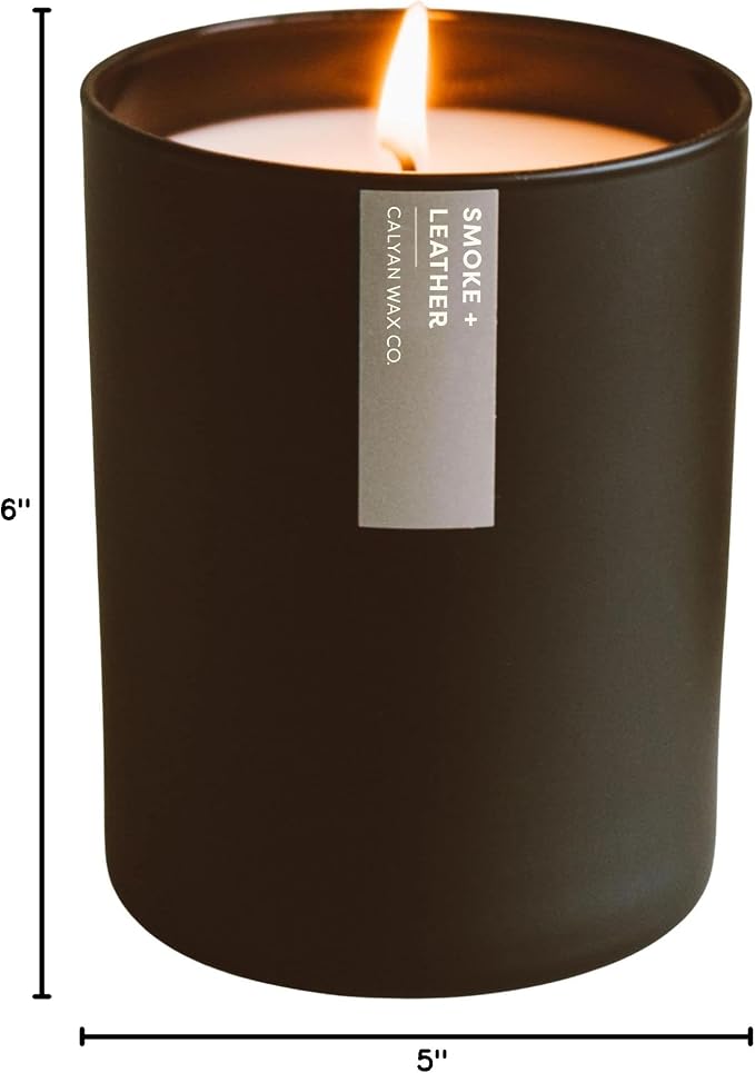 Calyan Wax Co. Smoke & Leather Scented Candle - 75 Hour Burn - Luxury Clean Soy Wax Candles - Long Lasting Black Tumbler Jar Candle for Home - 10.2oz