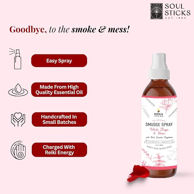 SOUL STICKS White Sage & Rose Smudge Spray For Cleansing and Negative Energy | 3.5oz Sage Smudge Spray with Real Quartz Crystals | Car Air Freshner Fragrance Sage Room Spray for Spiritual Cleansing