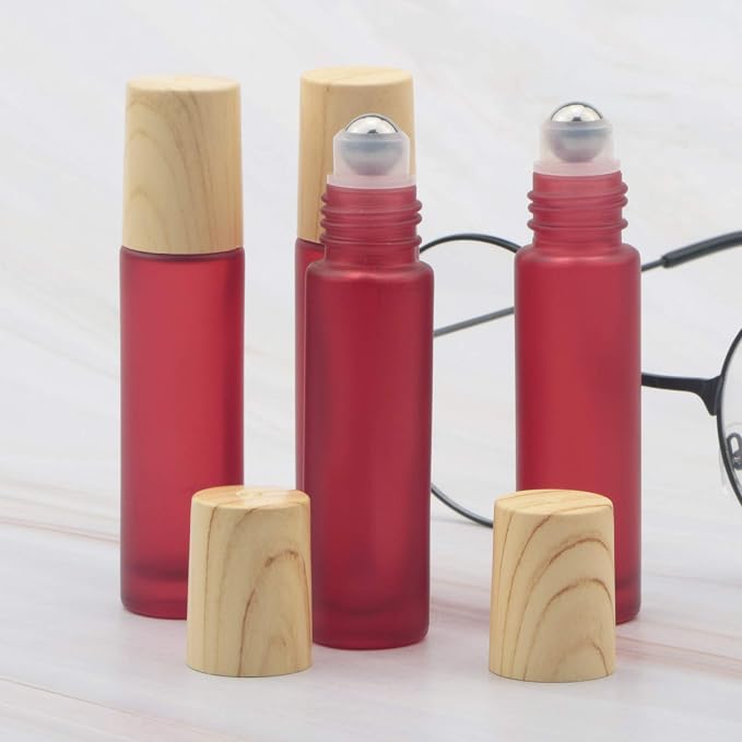 Kesell 10Pcs 10ml Frosted Glass Roller Bottles Vials Containers with Metal Roller Ball and Wood Grain Plastic Cap for Essential Oil Perfume Cosmetic