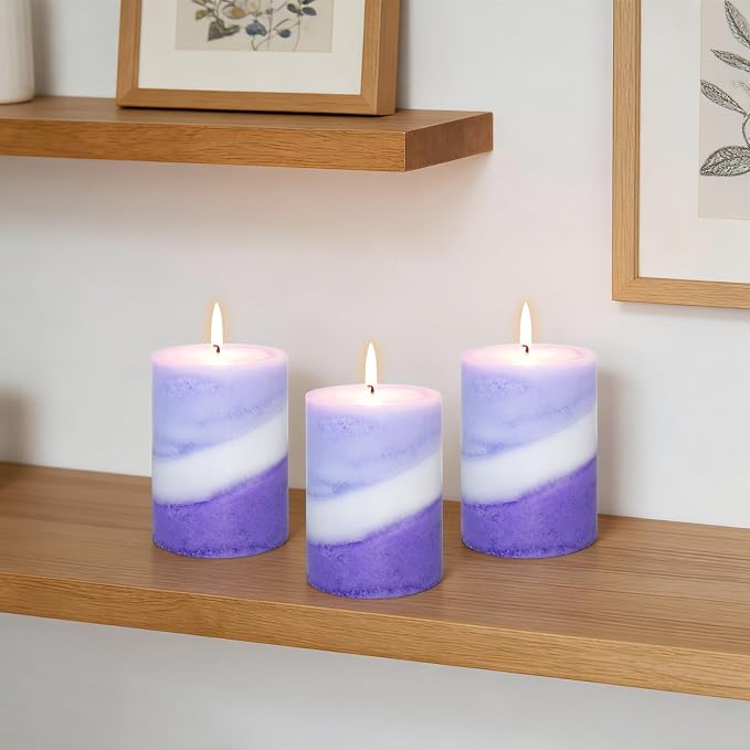 Crystal Club Lavender Scented Pillar Candles, 3X4 Inch Pillar Candles, 100% Cotton Wick, Smokeless & Dripless, 40+ Hours Long Burning, Candles Set for Wedding, Dinner, Party