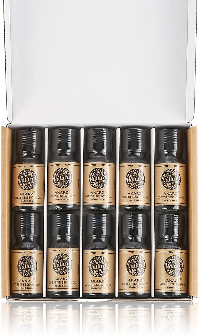 AKARZ 10 Packs Essential Oils Set, 10x10ml Aromatherapy Collection for Diffuser, Home, Candle & Soap Making - Top Scent Kit with Lavender, Vanilla & More