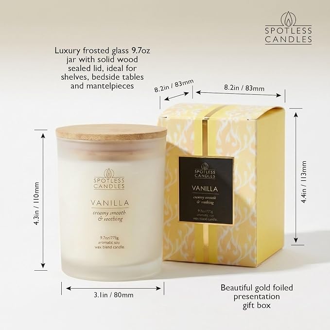 Vanilla Candle; 275g, 55 Hrs Burn Time, Soy Wax White Frosted Jar with Crackling Wooden Wick & Luxury Gift Box: Vanilla Scented Candle by Spotless Candles