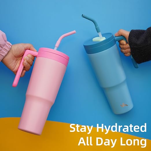 Konokyo Insulated Tumbler with Handle and Straw,40 OZ Vacuum Stainless Steel Water Bottle Travel Mug Metal Cup with Fruit Diffuser,Pink
