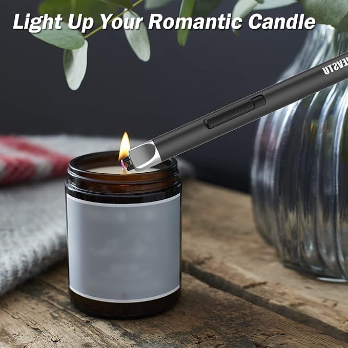 Electric Lighter, Candle Lighter USB Rechargeable, Arc Windproof Flameless Plasma Long Stick with Rope and Ring, Perfect for Candle BBQ Camping Kitchen Stove, Black