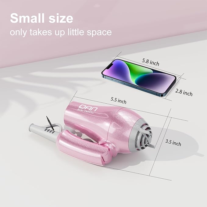 DAN Auto Dual Voltage Hair Dryer,Hair Blow Dryer,Compact Folding Blower,Small hairdryer with Diffuser & Concentrator,Portable Dryer with Multi-Function Plug Adapter,Travel hairdryers for Women
