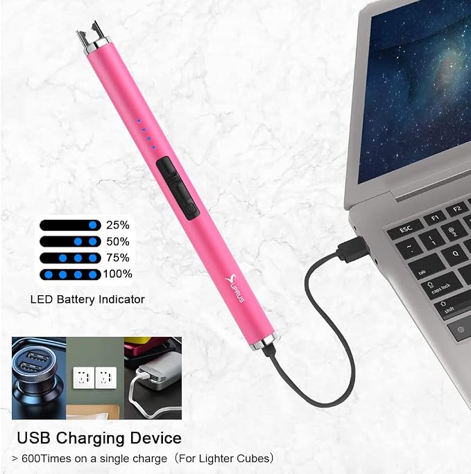 SUPRUS Fluorescent Lighter Glows in The Dark USB Lighter Rechargeable Windproof Pocket Size for Candle Cooking BBQ in Party (Pink)