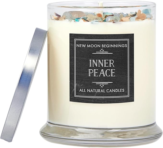 Inner Peace Candle by New Moon Beginnings - Dried Flower, Herb, & Crystal Candles - Soy Candle - All Natural Aromatherapy Candle - All Natural - 12 oz Glass Jar