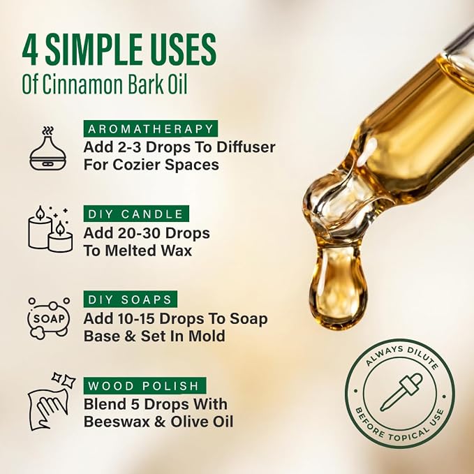 100% Pure Cinnamon Oil - 4 Fl Oz Cinnamon Essential Oil for Hair, Skin, Diffuser, Aromatherapy & DIY Soap Making Scent