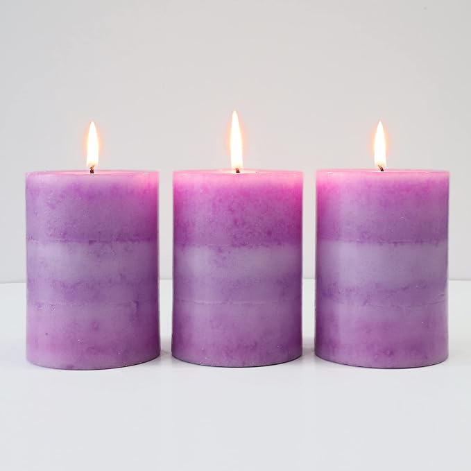 CRYSTAL CLUB Lavender Pillar Candles, Purple Aromatherapy Heritage Scented Candles, Clean Burning and Dripless Candle Lights, Tall 3X4 Inch Lavender Fragrance Candles for Home Décor