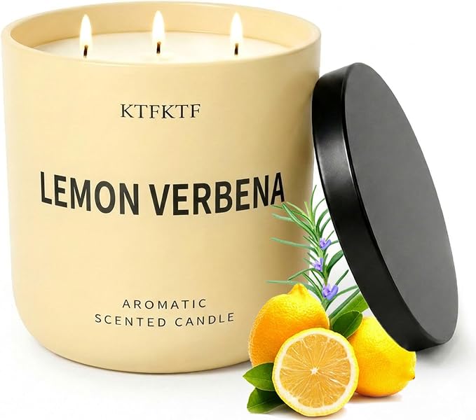 Lemon Verbena Candle, 14.1oz Large 3-Wick Soy Wax Candle, Up to 80 Hours Burn Time, Non-Toxic Aromatherapy Jar Candle with Essential Oils, Citrus Scented Candle for Home