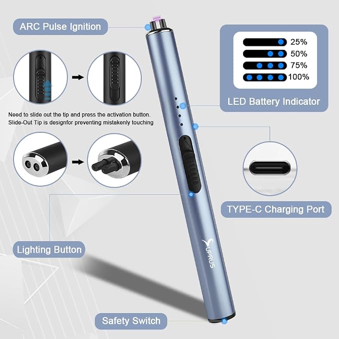 SUPRUS Electric Arc Windproof Flameless USB Rechargeable Lighter with Safety Lock for Candle (Blue, 3 Packs)