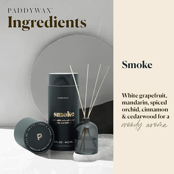 Paddywax Petite Reed Diffuser Set with Wooden Reeds, 720 Hour Long Lasting Home Fragrance Oil Diffuser, Decorative Milky Glass Bottle, Smoke Scent, Black, 1.5 oz