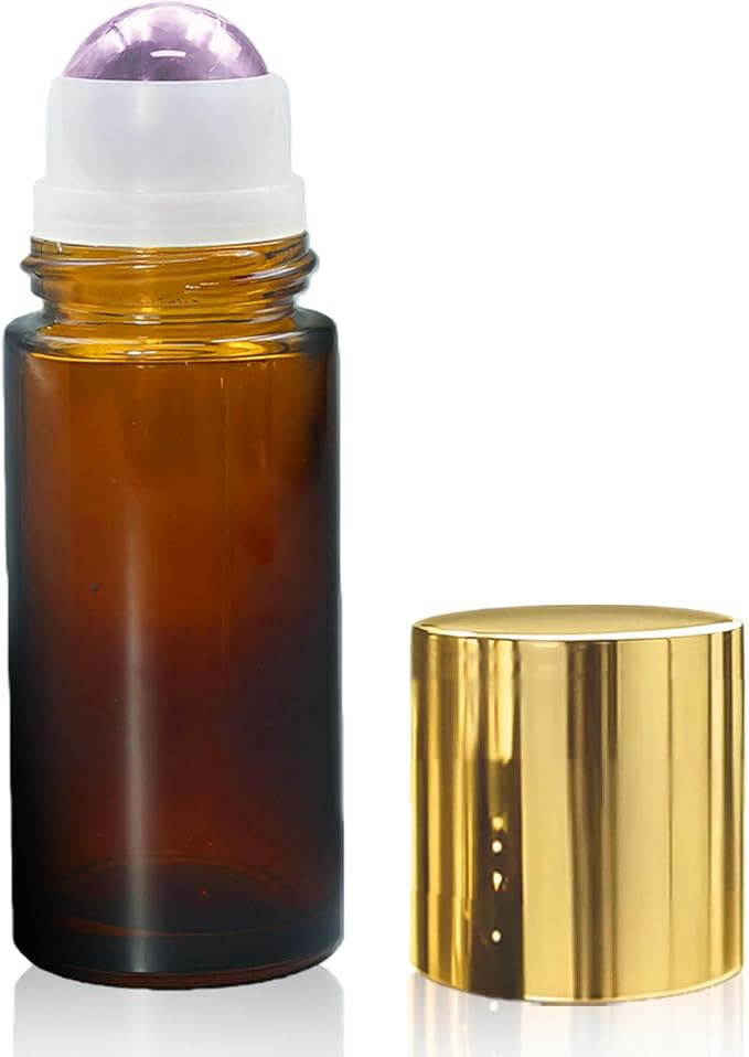 Amethyst Roller Bottles for Essential Oils, 50ml Refillable Amber Glass Roll On Bottles with Natural Crystal Roller Balls, Leak-Proof Travel Perfume Bottle with Gold Caps