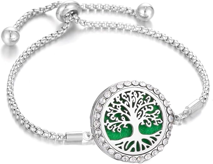 316L Stainless Steel CZ Family Tree Essential Oil Diffuser Bracelet Tree of Life Aromatherapy Locket Bracelet with 10 Pcs Refill Pads for Women