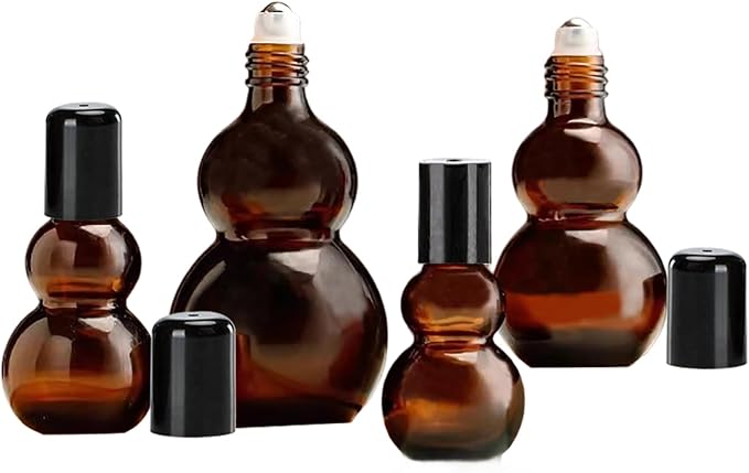 Essential Oil Roller Bottles, 10ml Amber Gourd Shaped Glass Roller Bottles with Stainless Steel Roller Ball, for Travel,Perfume (Amber-Black Cap, 10ML)