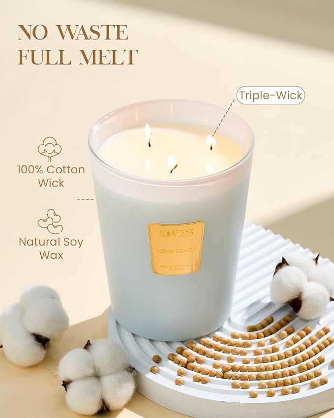 M&SENSE Linen Breeze Soy Candle, 35oz 3-Wick 150H, Large Fresh Clean Natural Scented Candles, Summer Scented Room Freshener, Housewarming Gift