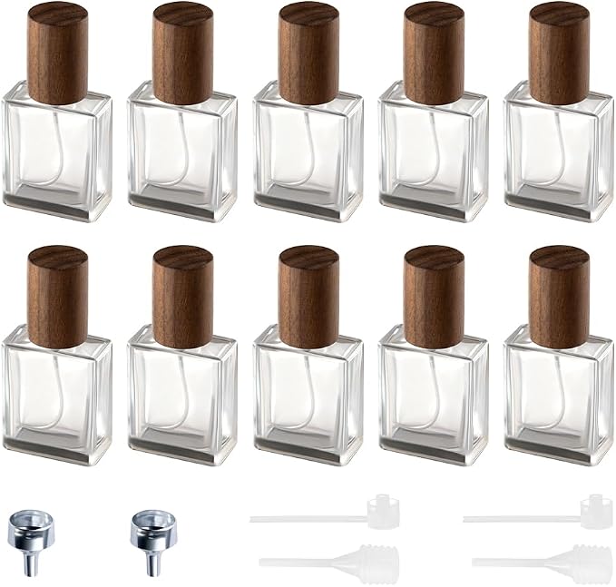 Perfume Atomizer, Glass Perfume Container,Travel Bottle Refillable, Empty Portable Leakproof Frangrance Spray Bottle (Walnut 10pcs 15ml/0.5oz)