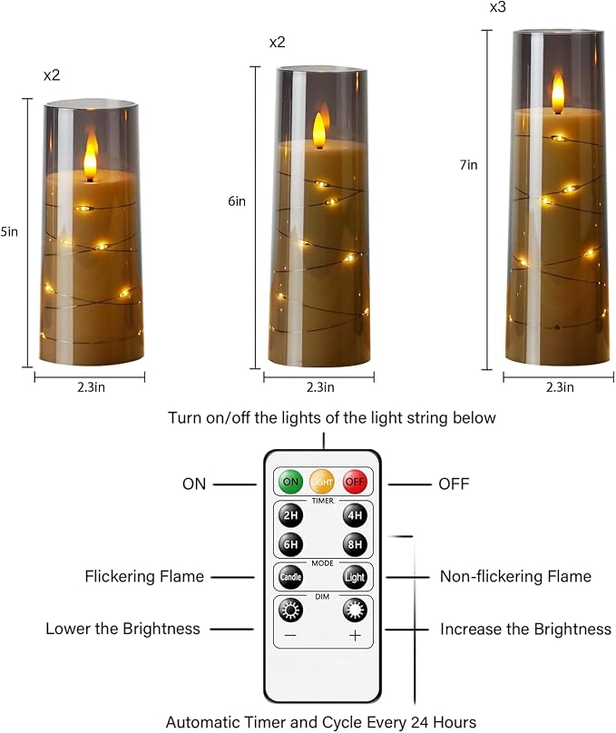 Eebuss Flameless Candles with Embedded Star String, Battery Operated LED Pillar Candles with Timer and Remote Control,Home Decorating for Ambiance， Set of 7(Grey)
