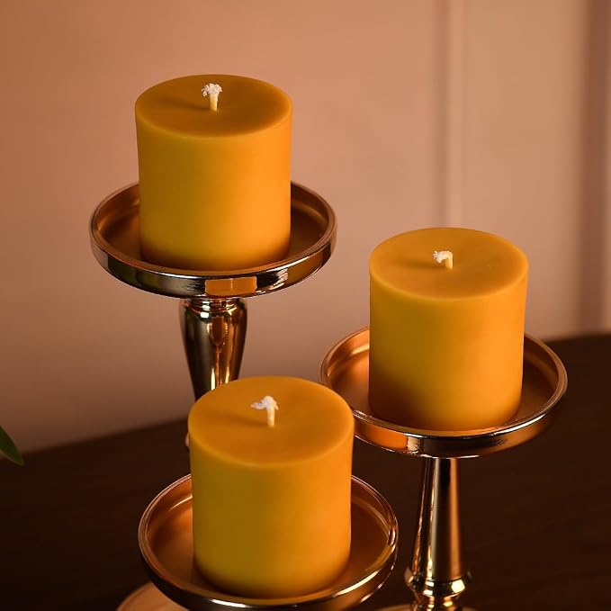 DEYBBY 3x3 inch Natural Beeswax Pillar Candle for Women, Smokeless Dripless Pure Organic Beeswax Candle with Natural Scent for Blackout Home Decoration Bath Relaxation（Yellow）
