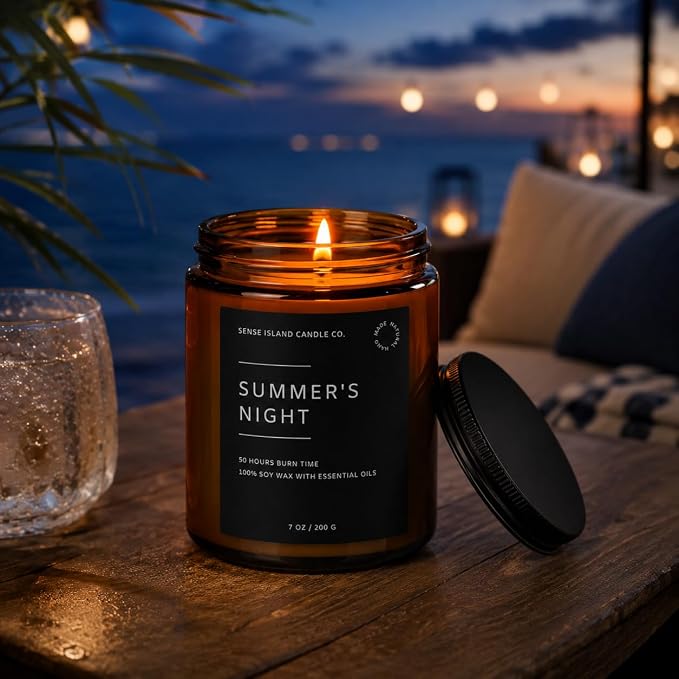 Summer's Night Scented Candles for Men&Women | 100% Natural Soy Candle 7oz, up to 50 Hrs Burn Time Highly Scented Premium Scented Candle Amber Glass Jar
