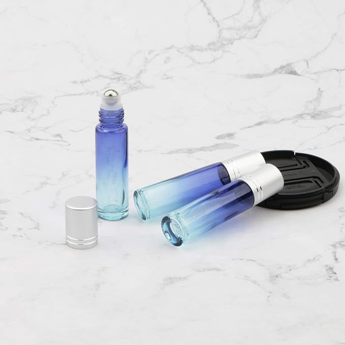 10Pcs Glass Rolling Bottles Set, 10ml (1/3oz) Blue Gradient Roller jars with Funnels, Glass Roll on Vials for Essential Oil Aromatherapy Perfume Liquid Massage