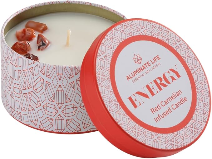 Luxury Candle Tin, 4 OZ, Energy - Red Carnelian Crystal Infused - Scents of Lemon, Grapefruit, & Bergamot - Passion, Confidence, & Vitality - Coconut Wax, Essential Oils, Dr. Developed