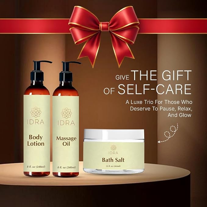 IDRA Reset & Restore Trio – Hydrating Body Lotion, Relaxing Massage Oil & Mineral Bath Salt | Natural Self-Care Gift Set for Relaxation, Stress Relief & Skin Nourishment | Spa-Inspired Wellness Kit