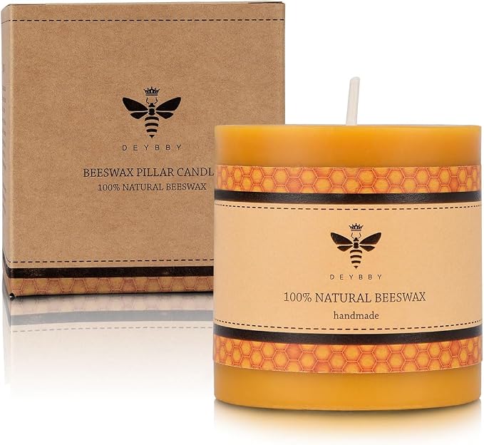 DEYBBY 3x3 inch Natural Beeswax Pillar Candle for Women, Smokeless Dripless Pure Organic Beeswax Candle with Natural Scent for Blackout Home Decoration Bath Relaxation（Yellow）