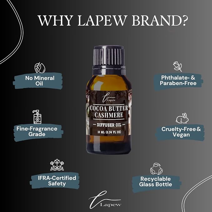 Lapew Cocoa Butter Cashmere Waterless Diffuser Oil | Fragrance Oil for Nebulizer & Cold Air Diffusers | Scented Home Oil | 0.34 fl oz