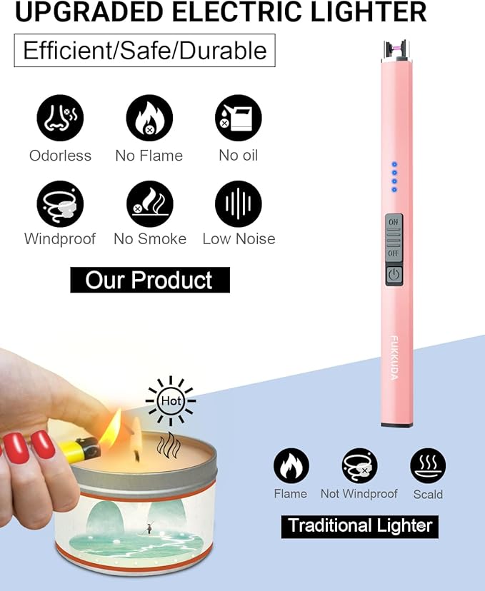 FUKKUDA Electric Candle Lighter with Safety Switch - USB Rechargeable Windproof & Flameless Plasma Arc Lighter for Easter Basket Stuffers (Rose Gold)