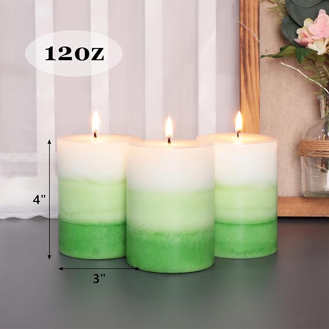 Pillar Candles 3x4 Inch Eucalyptus Scented Hand-Poured Layered Green Gradient Candle Long Lasting Clean Burn Candle for Home Scented Relaxation Spa Holiday Dinner Table Rustic Decor, 3 Pack