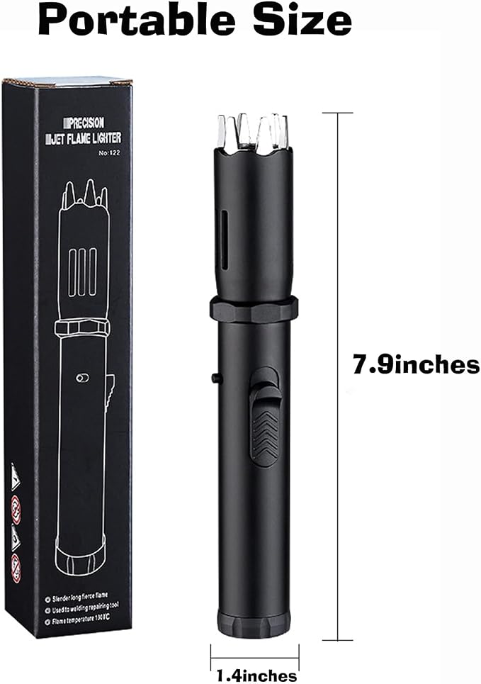Torch Lighter, Jet Flame Butane Lighter with Safety Lock, Windproof Adjustable Flame Refillable Butanes Cool Lighters for BBQ, Stove, Candle, Kitchen Cooker, Hobs, Men Gifts (Without Butane Gas)-Blue