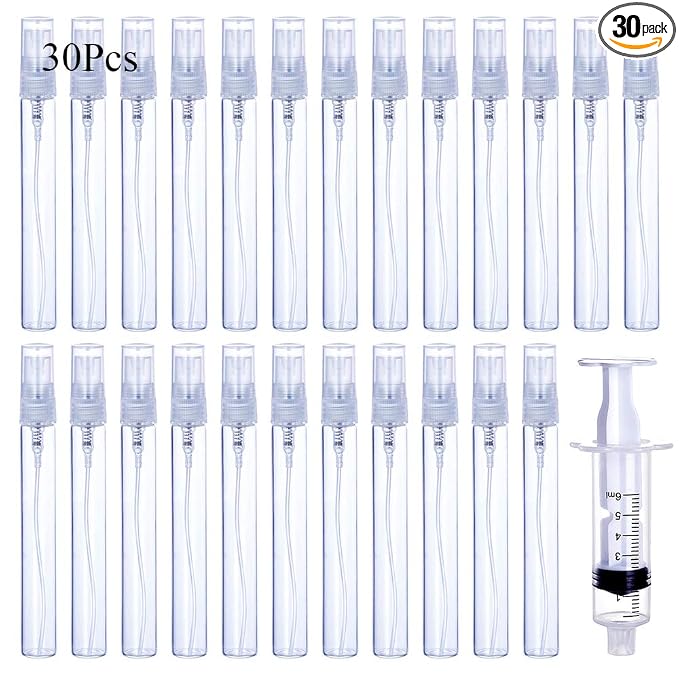 30Pcs 10ml/0.34 Oz Portable Refillable Clear Glass Empty Sprayer Perfume Bottles Cosmetic Atomizers Spray Bottle Container for Travel Party Must Makeup Tool (30Pcs 10ml Clear Glass Perfume Bottles)