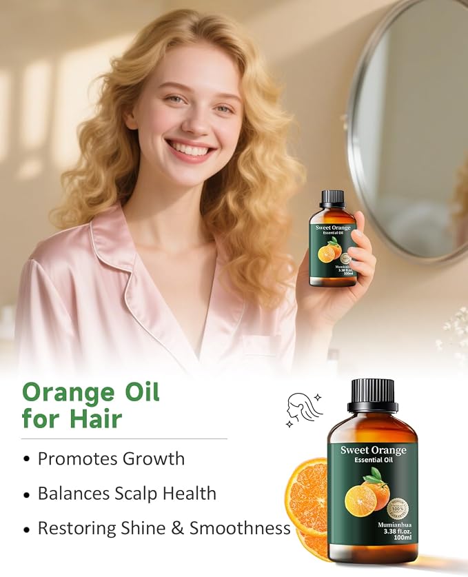 Orange Essential Oil, Pure Sweet Orange Oil Mumianhua Cold‑Pressed for Uplifting Atmosphere & Natural Cleaning, Skin‑Safe for DIY Perfume, Soap, Candle Making – 3.38 Fl Oz