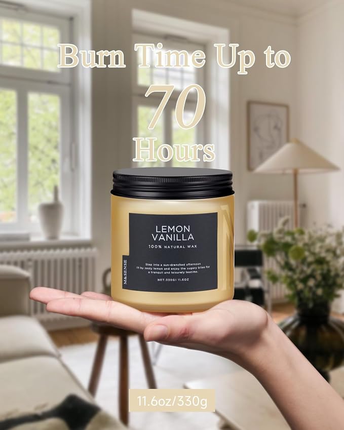 M&SENSE Lemon Vanilla Home Scented Candles, 11.6oz Organic Soy Wax, 70-Hour Clean Burning, Natural Candles Non Toxic, Citrus Scent for Relaxation, Aromatherapy Housewarming Gift for Men Women