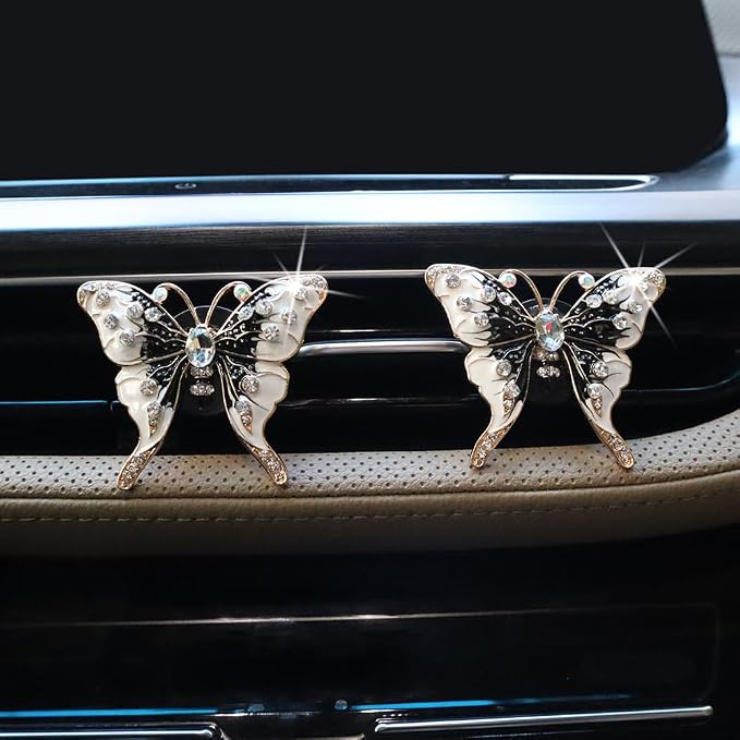 ORIESSE 2pcs Black Butterfly Car Air Freshener Vent Clips Bling Car Accessories for Women Refillable Scents Diffusers