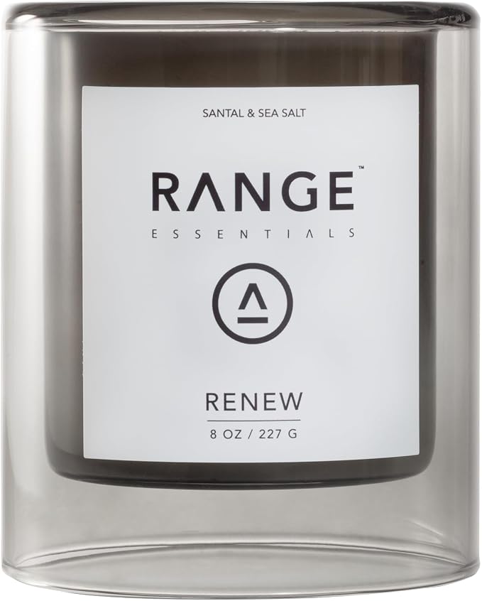 Range Essentials Renew Candle, Sandalwood Scent, Soy Wax, Aromatherapy, Relaxing Ambiance, Clean-Burning, Lead-Free Cotton Wick, Essential Oils, Home Fragrance, Meditation Spa, Gift, 8oz (227g)