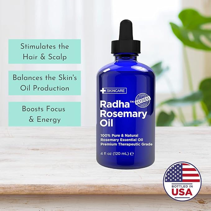 Radha Beauty - 4 oz. Rosemary Essential Oil - 100% Pure Therapeutic Grade, Steam Distilled for Aromatherapy, Relaxation, Scalp, Healthy Hair Growth, Dry Skin, DIY Essential Oil