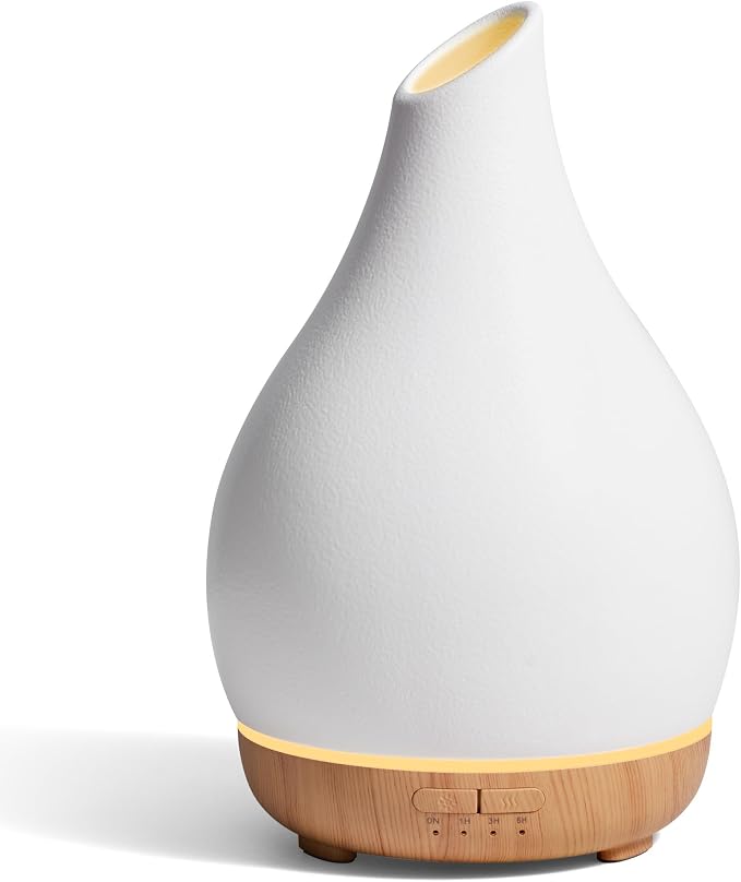 InnoGear Essential Oil Diffuser, 300ml Ceramic Diffuser for Home Handcrafted Stone Aromatherapy Diffusers Ultrasonic Cool Mist Humidifier Vaporizer 4 Timers, White Vase-Shaped Ceramic, Large