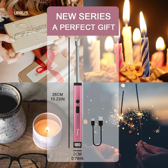 SUPRUS Rechargeable Candle Lighter Electric Arc Triple Safety Long Lighter Stainless Steel Shell & Hanging Hook (Pink)