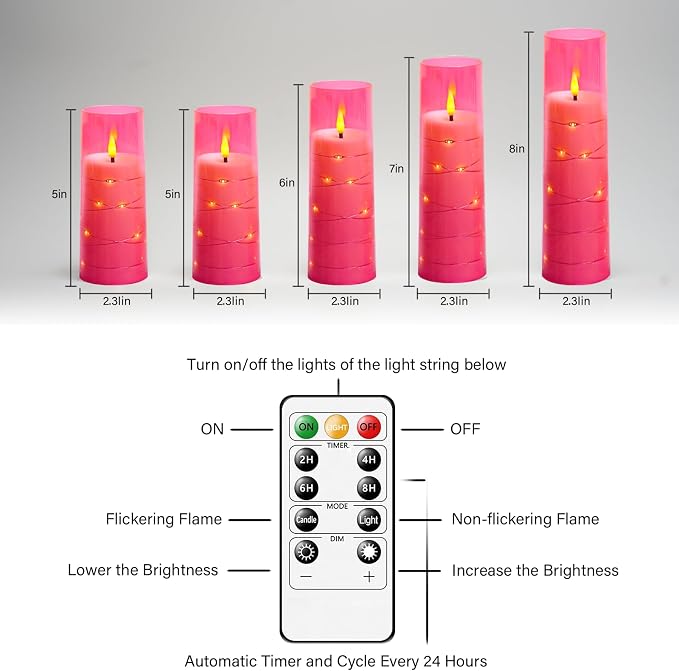 kakoya Flameless LED Candles with Timer 5 Pc Flickering Flameless Candles for Romantic Ambiance and Home Decoration Stable Acrylic Shell,with Embedded Star String，Battery Operated Candles(Pink)