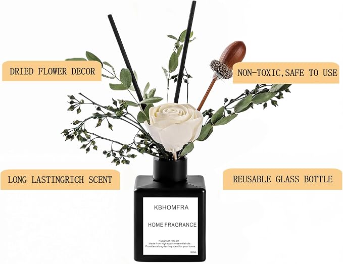 Reed Diffuser Set with Dried Flowers, Jasmine Gardenia Sandalwood Scent, Black Glass Bottle, 5.07fl oz, Aromatherapy Home Fragrance for Bedroom Bathroom (Pure White Gardenia)