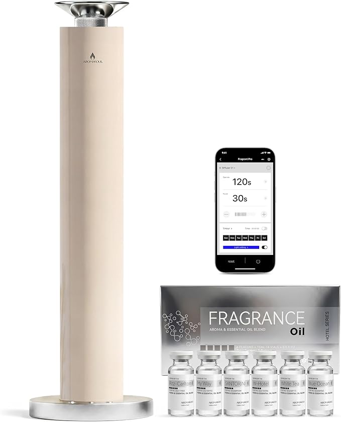 Wireless Rechargeable Hotel Scent Diffuser Kit - 1500 Sq Ft Coverage, Alloy Atomization System,App Control,Waterless Oil Diffuser, Including 6×15ml Essential Oils, for Home,Large Room,Spa, Cream